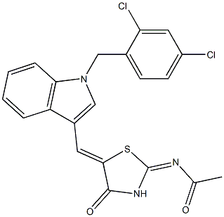 N-(5-{[1-(2,4-dichlorobenzyl)-1H-indol-3-yl]methylene}-4-oxo-1,3-thiazolidin-2-ylidene)acetamide 구조식 이미지