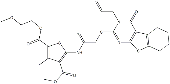 2-(2-methoxyethyl) 4-methyl 5-({[(3-allyl-4-oxo-3,4,5,6,7,8-hexahydro[1]benzothieno[2,3-d]pyrimidin-2-yl)sulfanyl]acetyl}amino)-3-methyl-2,4-thiophenedicarboxylate 구조식 이미지