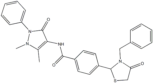 4-(3-benzyl-4-oxo-1,3-thiazolidin-2-yl)-N-(1,5-dimethyl-3-oxo-2-phenyl-2,3-dihydro-1H-pyrazol-4-yl)benzamide Structure