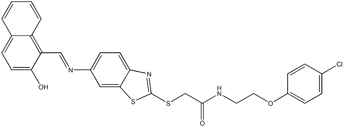 N-[2-(4-chlorophenoxy)ethyl]-2-[(6-{[(2-hydroxy-1-naphthyl)methylene]amino}-1,3-benzothiazol-2-yl)sulfanyl]acetamide 구조식 이미지