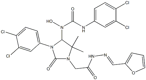 N'-(3,4-dichlorophenyl)-N-(3-(3,4-dichlorophenyl)-1-{2-[2-(2-furylmethylene)hydrazino]-2-oxoethyl}-5,5-dimethyl-2-oxo-4-imidazolidinyl)-N-hydroxyurea 구조식 이미지