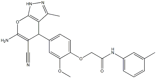 2-[4-(6-amino-5-cyano-3-methyl-1,4-dihydropyrano[2,3-c]pyrazol-4-yl)-2-methoxyphenoxy]-N-(3-methylphenyl)acetamide 구조식 이미지