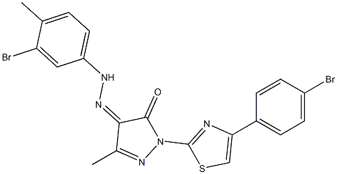 1-[4-(4-bromophenyl)-1,3-thiazol-2-yl]-3-methyl-1H-pyrazole-4,5-dione 4-[N-(3-bromo-4-methylphenyl)hydrazone] 구조식 이미지