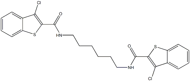 3-chloro-N-(6-{[(3-chloro-1-benzothiophen-2-yl)carbonyl]amino}hexyl)-1-benzothiophene-2-carboxamide 구조식 이미지