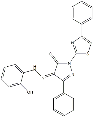 3-phenyl-1-(4-phenyl-1,3-thiazol-2-yl)-1H-pyrazole-4,5-dione 4-[N-(2-hydroxyphenyl)hydrazone] 구조식 이미지