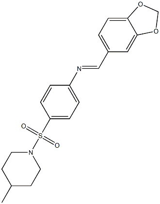 N-[(E)-1,3-benzodioxol-5-ylmethylidene]-N-{4-[(4-methyl-1-piperidinyl)sulfonyl]phenyl}amine 구조식 이미지