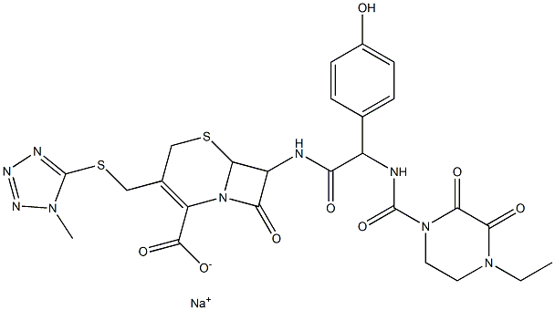 sodium 7-{[2-{[(4-ethyl-2,3-dioxo-1-piperazinyl)carbonyl]amino}-2-(4-hydroxyphenyl)acetyl]amino}-3-{[(1-methyl-1H-1,2,3,4-tetraazol-5-yl)sulfanyl]methyl}-8-oxo-5-thia-1-azabicyclo[4.2.0]oct-2-ene-2-ca rboxylate 구조식 이미지