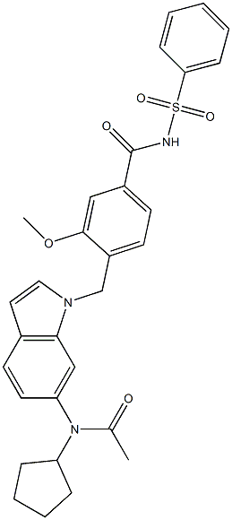 4-[6-(Cyclopentylacetylamino)-1H-indol-1-ylmethyl]-3-methoxy-N-phenylsulfonylbenzamide 구조식 이미지