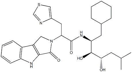 3-(4-Thiazolyl)-2-[(1,2,3,4-tetrahydro-3-oxopyrrolo[3,4-b]indol)-2-yl]-N-[(1S,2S,3S)-1-cyclohexylmethyl-2,3-dihydroxy-5-methylhexyl]propionamide 구조식 이미지