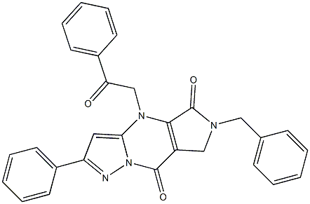 6,7-Dihydro-6-benzyl-4-(2-oxo-2-phenylethyl)-2-phenyl-4H-1,4,6,8a-tetraaza-s-indacene-5,8-dione Structure