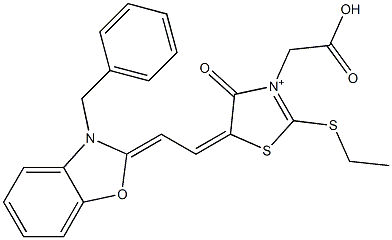 3-(Carboxymethyl)-2-(ethylthio)-4-oxo-5-[2-[3-(phenylmethyl)benzoxazol-2(3H)-ylidene]ethylidene]-4,5-dihydrothiazolium 구조식 이미지