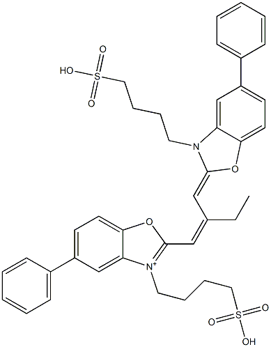 5-Phenyl-2-[2-[[5-phenyl-3-(4-sulfobutyl)benzoxazol-2(3H)-ylidene]methyl]-1-butenyl]-3-(4-sulfobutyl)benzoxazol-3-ium 구조식 이미지