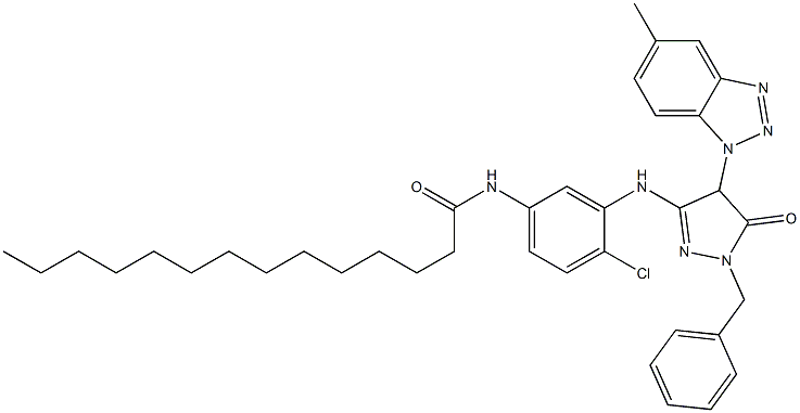 1-Benzyl-3-[2-chloro-5-(tetradecanoylamino)anilino]-4-(5-methyl-1H-benzotriazol-1-yl)-5(4H)-pyrazolone 구조식 이미지