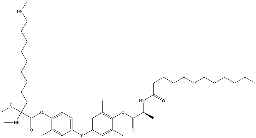 N-Dodecanoyl-L-alanine 4-[4-[11-(trimethylaminio)undecanoyloxy]-3,5-dimethylphenylthio]-2,6-dimethylphenyl ester 구조식 이미지