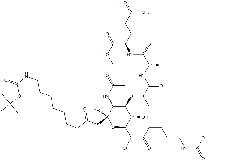 N2-[N-[N-Acetyl-1-[[8-[[(tert-butoxy)carbonyl]amino]octanoyl]thio]-6-[5-[[(tert-butoxy)carbonyl]amino]pentanoyl]muramoyl]-L-alanyl]-D-glutamine methyl ester 구조식 이미지