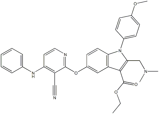 1-(4-Methoxyphenyl)-2-[(dimethylamino)methyl]-5-[3-cyano-4-(phenylamino)pyridin-2-yloxy]-1H-indole-3-carboxylic acid ethyl ester 구조식 이미지