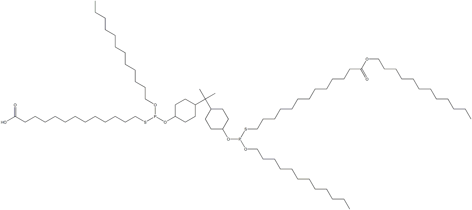 13,13'-[[Isopropylidenebis(4,1-cyclohexanediyloxy)]bis[(dodecyloxy)phosphinediylthio]]bis(tridecanoic acid dodecyl) ester 구조식 이미지