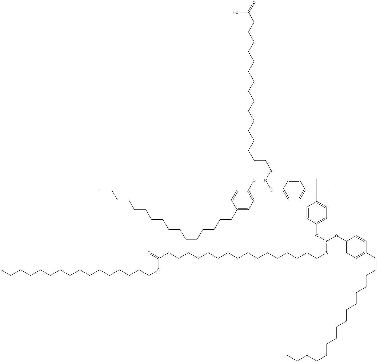 17,17'-[[Isopropylidenebis(4,1-phenyleneoxy)]bis[[(4-hexadecylphenyl)oxy]phosphinediylthio]]bis(heptadecanoic acid hexadecyl) ester 구조식 이미지