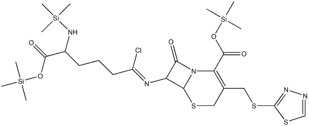 7-[1-Chloro-5-(trimethylsilylamino)-5-(trimethylsilyloxycarbonyl)pentylideneamino]-8-oxo-3-(1,3,4-thiadiazol-2-ylthiomethyl)-5-thia-1-azabicyclo[4.2.0]oct-2-ene-2-carboxylic acid trimethylsilyl ester 구조식 이미지