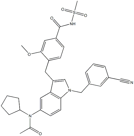 4-[5-(Cyclopentylacetylamino)-1-(3-cyanobenzyl)-1H-indol-3-ylmethyl]-3-methoxy-N-methylsulfonylbenzamide 구조식 이미지