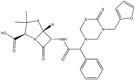 6-[2-Phenyl-2-[(3-furfuryl-2-thioxo-3,4,5,6-tetrahydro-2H-1,3,5-thiadiazin)-5-yl]acetylamino]penicillanic acid 구조식 이미지