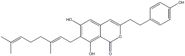 7-[(2E)-3,7-Dimethyl-2,6-octadienyl]-6,8-dihydroxy-3-[2-(4-hydroxyphenyl)ethyl]-1H-2-benzopyran-1-one 구조식 이미지