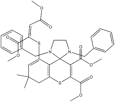 1',3'-Dibenzyl-7,8-dihydro-5-[[(Z)-1,2-bis(methoxycarbonyl)ethenyl]thio]-7,7-dimethylspiro[4H-[1]benzothiopyran-4,2'-imidazolidine]-2,3-dicarboxylic acid dimethyl ester 구조식 이미지