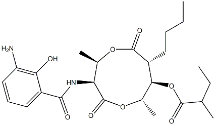 2-Methylbutanoic acid (3S,4R,7R,8R,9S)-3-[(3-amino-2-hydroxybenzoyl)amino]-4,9-dimethyl-2,6-dioxo-7-butyl-1,5-dioxonan-8-yl ester 구조식 이미지