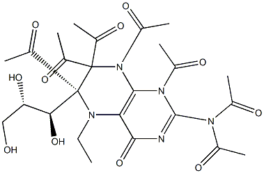 (6R)-1,6,7,7,8-Pentaacetyl-2-(diacetylamino)-6-[(1R,2S)-1,2,3-trihydroxypropyl]-5-ethyl-5,6,7,8-tetrahydropteridin-4(1H)-one 구조식 이미지