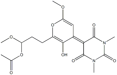 Acetic acid [1-methoxy-3-[4-[(1,3-dimethyl-2,4,6-trioxohexahydropyrimidin)-5-ylidene]-2-methoxy-5-hydroxy-4H-pyran-6-yl]propyl] ester Structure