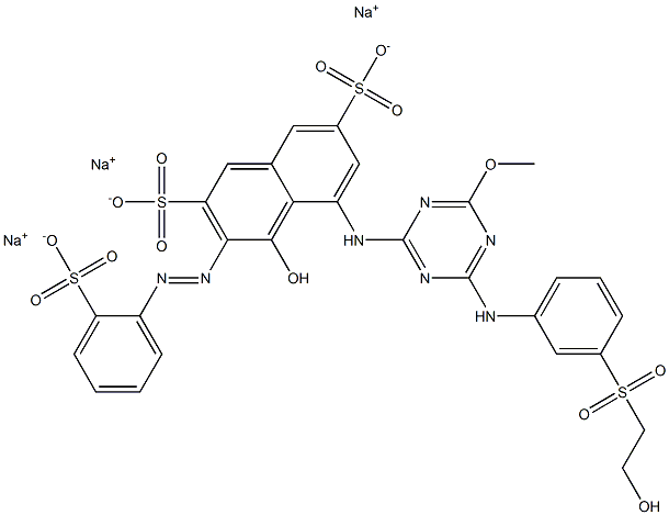 4-Hydroxy-5-[4-[m-(2-hydroxyethylsulfonyl)anilino]-6-methoxy-1,3,5-triazin-2-ylamino]-3-(o-sulfophenylazo)-2,7-naphthalenedisulfonic acid trisodium salt Structure