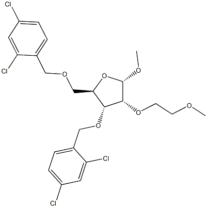Methyl 3,5-Di-O-(2,4-dichloro-benzyl)-2-O-(methoxy -ethyl)-alpha-D-ribofuranoside 구조식 이미지