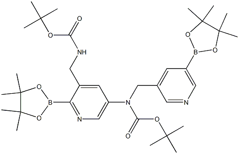 tert-Butyl {[5-(4,4,5,5-tetramethyl-1,3,2-dioxaborolan-2-yl)pyridin-3-yl]methyl}carbamate, 3-{[(tert-Butoxycarbonyl)amino]methyl}-5-(4,4,5,5-tetramethyl-1,3,2-dioxaborolan-2-yl)pyridine 구조식 이미지