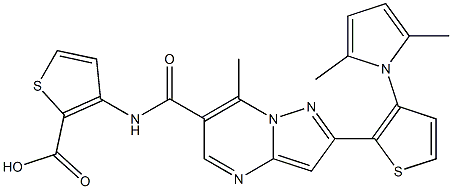 3-[({2-[3-(2,5-dimethyl-1H-pyrrol-1-yl)-2-thienyl]-7-methylpyrazolo[1,5-a]pyrimidin-6-yl}carbonyl)amino]-2-thiophenecarboxylic acid Structure