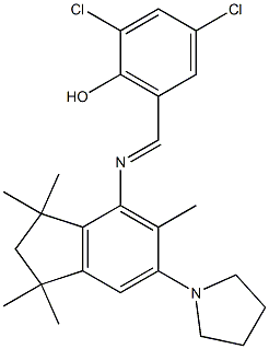 2,4-dichloro-6-{[(1,1,3,3,5-pentamethyl-6-tetrahydro-1H-pyrrol-1-yl-2,3-dihydro-1H-inden-4-yl)imino]methyl}phenol Structure