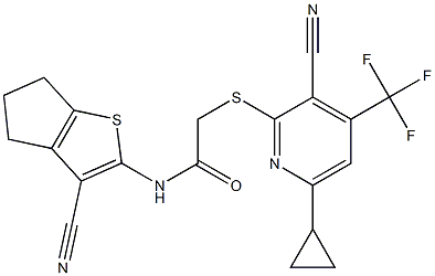 2-{[3-cyano-6-cyclopropyl-4-(trifluoromethyl)-2-pyridinyl]sulfanyl}-N-(3-cyano-5,6-dihydro-4H-cyclopenta[b]thiophen-2-yl)acetamide Structure