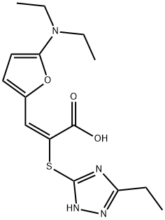 2-Propenoic  acid,  3-[5-(diethylamino)-2-furanyl]-2-[(3-ethyl-1H-1,2,4-triazol-5-yl)thio]-,  (2E)- 구조식 이미지