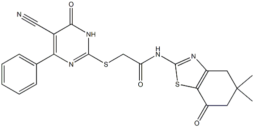 2-[(5-cyano-6-oxo-4-phenyl-1,6-dihydro-2-pyrimidinyl)sulfanyl]-N-(5,5-dimethyl-7-oxo-4,5,6,7-tetrahydro-1,3-benzothiazol-2-yl)acetamide Structure