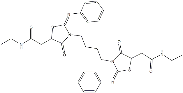 N-ethyl-2-[3-{4-[5-[2-(ethylamino)-2-oxoethyl]-4-oxo-2-(phenylimino)-1,3-thiazolidin-3-yl]butyl}-4-oxo-2-(phenylimino)-1,3-thiazolidin-5-yl]acetamide 구조식 이미지