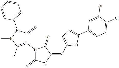 5-{[5-(3,4-dichlorophenyl)-2-furyl]methylene}-3-(1,5-dimethyl-3-oxo-2-phenyl-2,3-dihydro-1H-pyrazol-4-yl)-2-thioxo-1,3-thiazolidin-4-one Structure