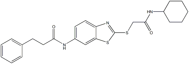 N-(2-{[2-(cyclohexylamino)-2-oxoethyl]sulfanyl}-1,3-benzothiazol-6-yl)-3-phenylpropanamide 구조식 이미지