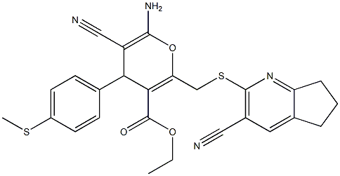 ethyl 6-amino-5-cyano-2-{[(3-cyano-6,7-dihydro-5H-cyclopenta[b]pyridin-2-yl)sulfanyl]methyl}-4-[4-(methylsulfanyl)phenyl]-4H-pyran-3-carboxylate 구조식 이미지