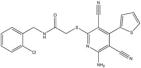 2-{[6-amino-3,5-dicyano-4-(2-thienyl)-2-pyridinyl]sulfanyl}-N-(2-chlorobenzyl)acetamide 구조식 이미지