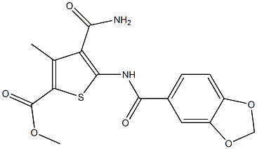 methyl 4-(aminocarbonyl)-5-[(1,3-benzodioxol-5-ylcarbonyl)amino]-3-methyl-2-thiophenecarboxylate Structure