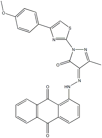 1-[4-(4-methoxyphenyl)-1,3-thiazol-2-yl]-3-methyl-1H-pyrazole-4,5-dione 4-[(9,10-dioxo-9,10-dihydro-1-anthracenyl)hydrazone] Structure