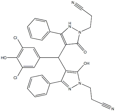 3-{4-[[1-(2-cyanoethyl)-5-hydroxy-3-phenyl-1H-pyrazol-4-yl](3,5-dichloro-4-hydroxyphenyl)methyl]-5-oxo-3-phenyl-2,5-dihydro-1H-pyrazol-1-yl}propanenitrile Structure