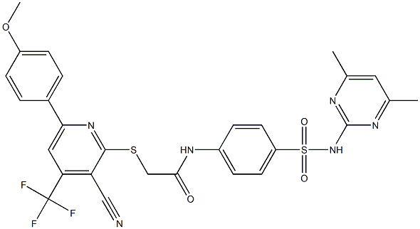 2-{[3-cyano-6-(4-methoxyphenyl)-4-(trifluoromethyl)pyridin-2-yl]sulfanyl}-N-(4-{[(4,6-dimethylpyrimidin-2-yl)amino]sulfonyl}phenyl)acetamide Structure