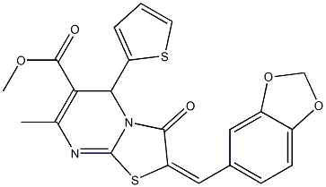 methyl 2-(1,3-benzodioxol-5-ylmethylene)-7-methyl-3-oxo-5-(2-thienyl)-2,3-dihydro-5H-[1,3]thiazolo[3,2-a]pyrimidine-6-carboxylate Structure