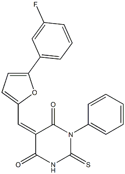 5-{[5-(3-fluorophenyl)-2-furyl]methylene}-1-phenyl-2-thioxodihydropyrimidine-4,6(1H,5H)-dione 구조식 이미지