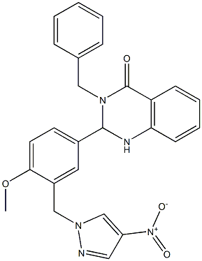 2-[3-({4-nitro-1H-pyrazol-1-yl}methyl)-4-(methyloxy)phenyl]-3-(phenylmethyl)-2,3-dihydroquinazolin-4(1H)-one Structure